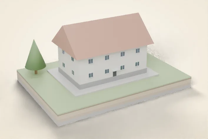 Двухэтажный оштукатуренный дом с черепичной кровлей на ленточном фундаменте с бетонной отмосткой, рядом ели